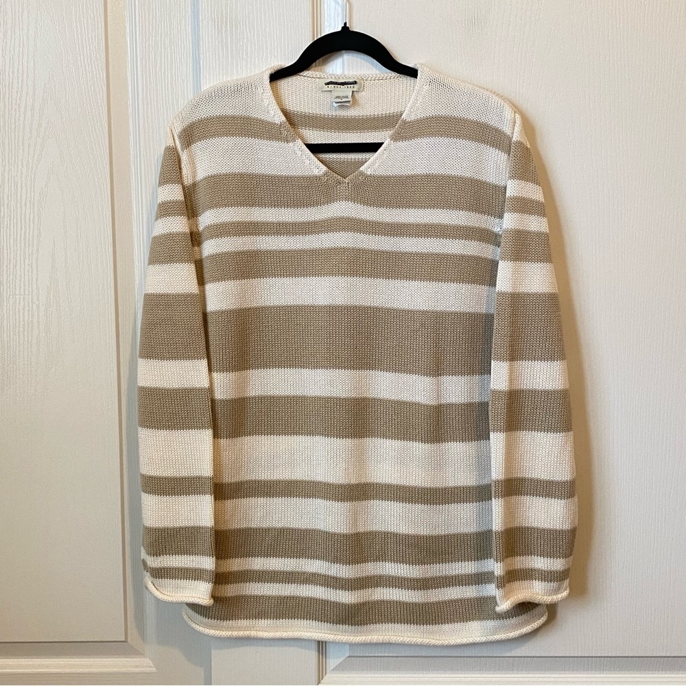 Eddie Bauer Knit Cream and Tan Striped Cotton Sweater Size Large